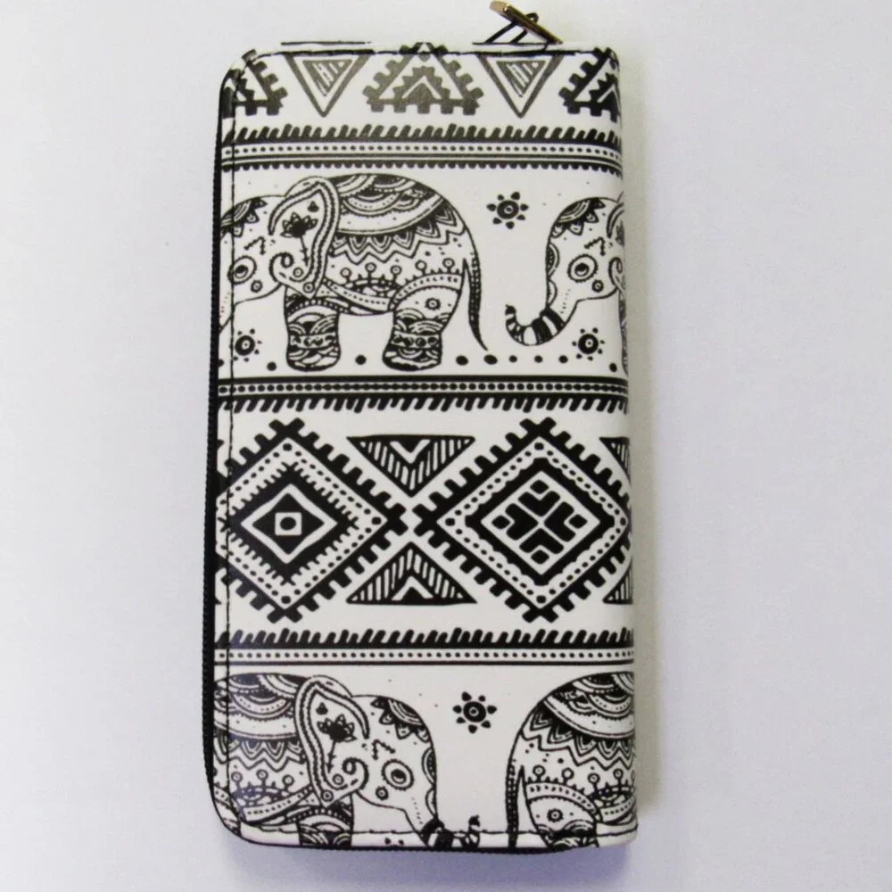 Black & White Elephant Print Ladies Zippered Long Wallet Vegan Leather NEW You - Picture 2 of 4